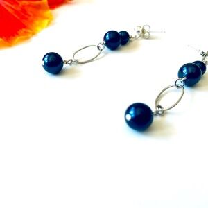 Artisian Earrings - Navy Swarovski Pearls & Sterling Silver -Post Closure 2 Inch